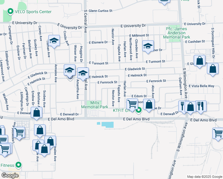 map of restaurants, bars, coffee shops, grocery stores, and more near 20003 Nestor Avenue in Carson