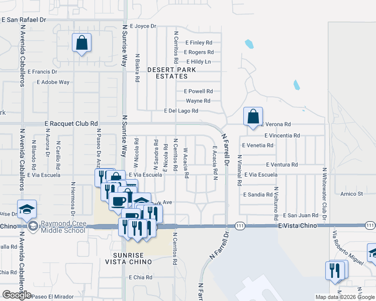 map of restaurants, bars, coffee shops, grocery stores, and more near 2280 West Acacia Road in Palm Springs