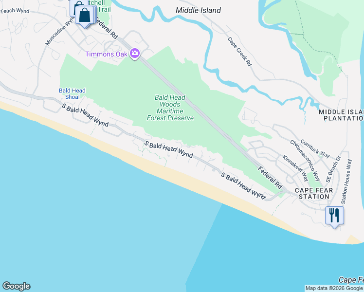 map of restaurants, bars, coffee shops, grocery stores, and more near 900 Bramble Reach in Bald Head Island