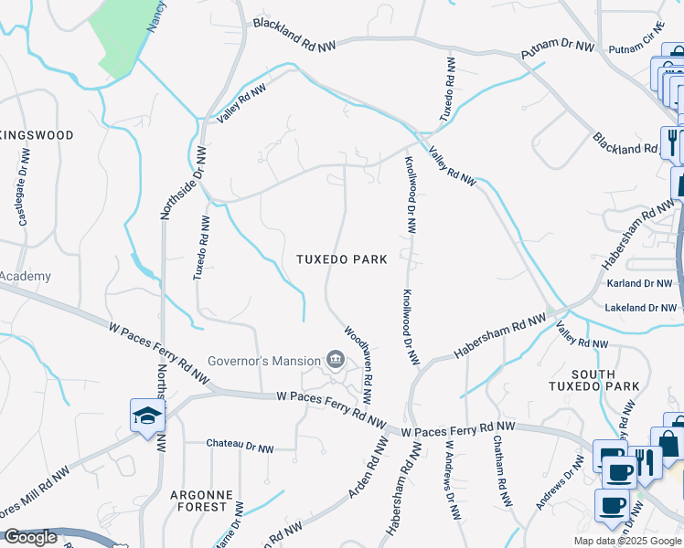 map of restaurants, bars, coffee shops, grocery stores, and more near 3497 Woodhaven Road Northwest in Atlanta