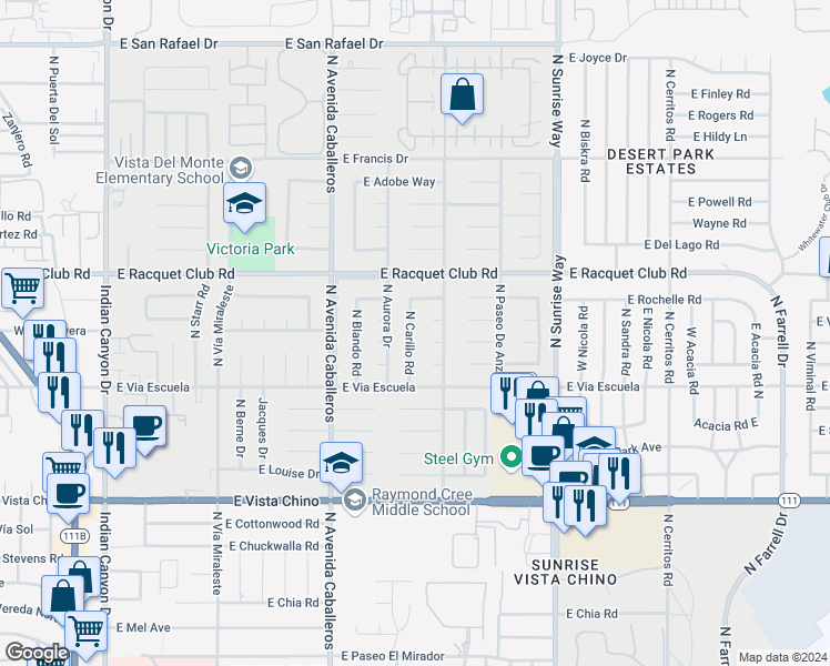 map of restaurants, bars, coffee shops, grocery stores, and more near 2300 North Carillo Road in Palm Springs