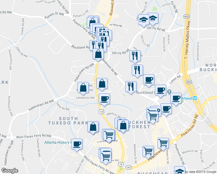 map of restaurants, bars, coffee shops, grocery stores, and more near 3433 Landen Pine Court NorthEast in Atlanta