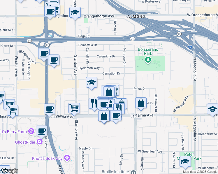 map of restaurants, bars, coffee shops, grocery stores, and more near 21 Centerstone Circle in Buena Park