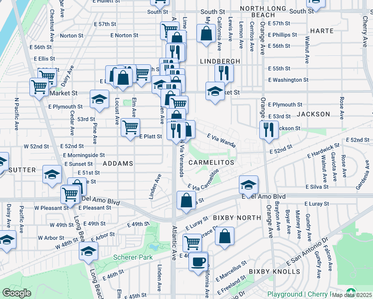 map of restaurants, bars, coffee shops, grocery stores, and more near 5178 North Via Veranada in Long Beach
