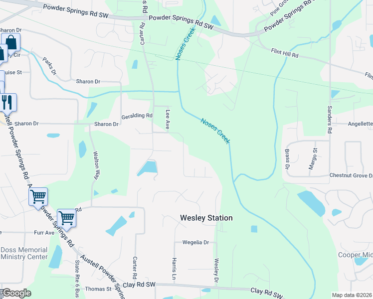map of restaurants, bars, coffee shops, grocery stores, and more near 3411 Lynne Road in Powder Springs