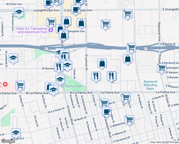 map of restaurants, bars, coffee shops, grocery stores, and more near 1160 Anaheim Boulevard in Anaheim