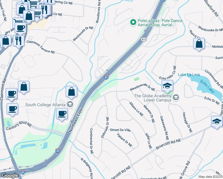 map of restaurants, bars, coffee shops, grocery stores, and more near 2300 Fisher Trail Northeast in Atlanta