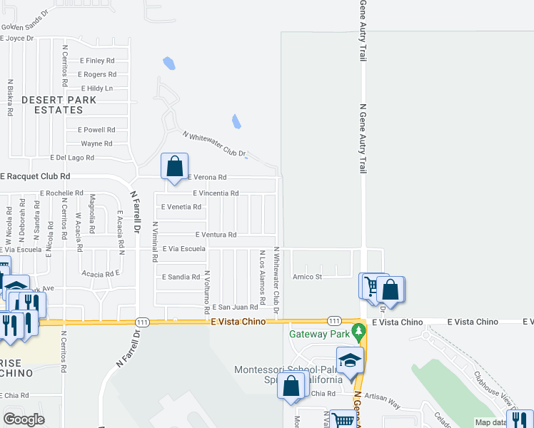 map of restaurants, bars, coffee shops, grocery stores, and more near 2300 North Whitewater Club Drive in Palm Springs