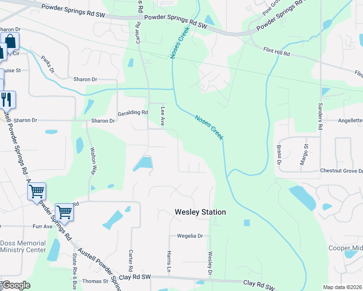 map of restaurants, bars, coffee shops, grocery stores, and more near 3411 Lynne Road in Powder Springs