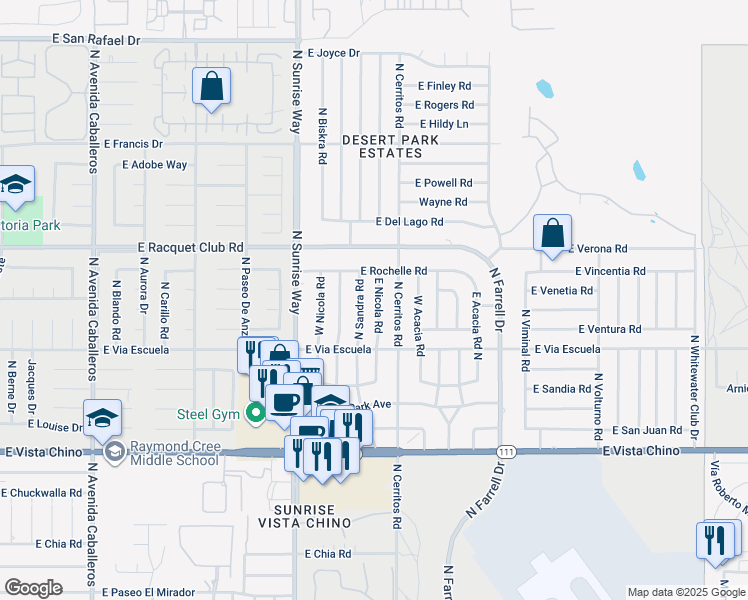 map of restaurants, bars, coffee shops, grocery stores, and more near 2295 East Nicola Road in Palm Springs