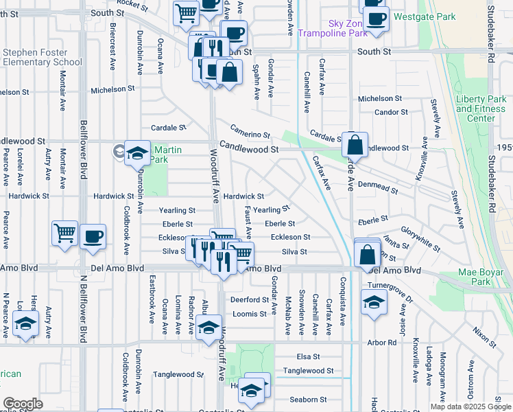 map of restaurants, bars, coffee shops, grocery stores, and more near 6008 Hardwick Street in Lakewood
