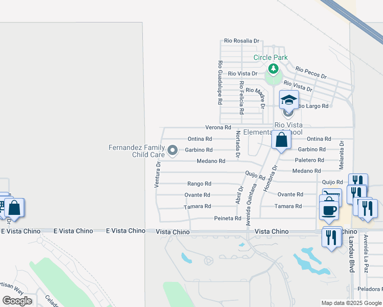 map of restaurants, bars, coffee shops, grocery stores, and more near 67235 Garbino Road in Cathedral City