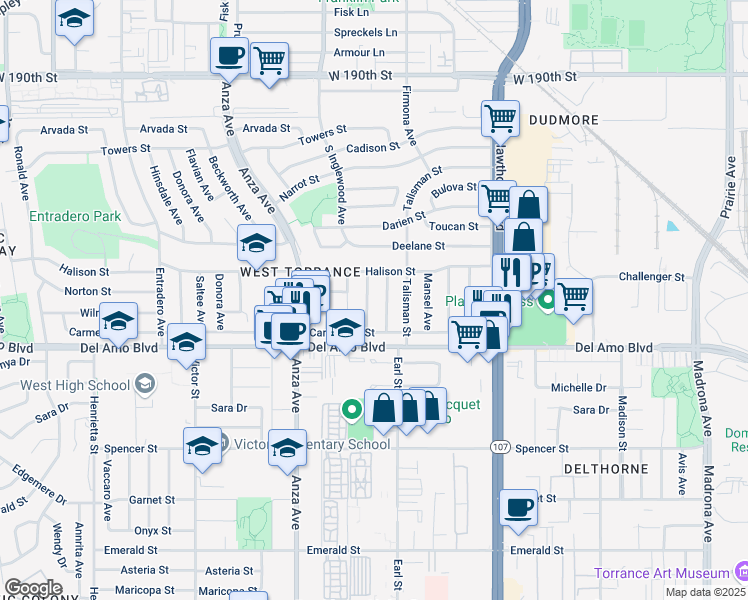 map of restaurants, bars, coffee shops, grocery stores, and more near 20010 Ingrum Way in Torrance