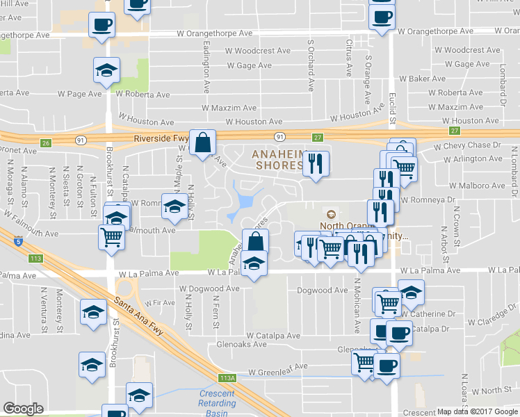 map of restaurants, bars, coffee shops, grocery stores, and more near 1896 West Surf Drive in Anaheim