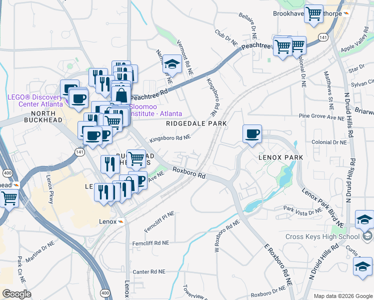 map of restaurants, bars, coffee shops, grocery stores, and more near 1059 East Paces Court in Atlanta