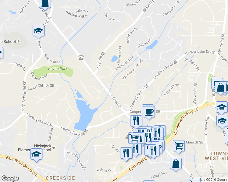map of restaurants, bars, coffee shops, grocery stores, and more near 4223 Millside Walk Southeast in Smyrna