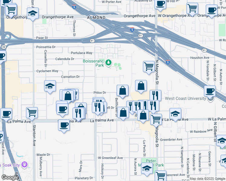 map of restaurants, bars, coffee shops, grocery stores, and more near 8633 Phlox Drive in Buena Park