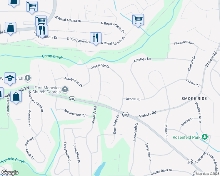 map of restaurants, bars, coffee shops, grocery stores, and more near 5115 Highgate Court in Stone Mountain