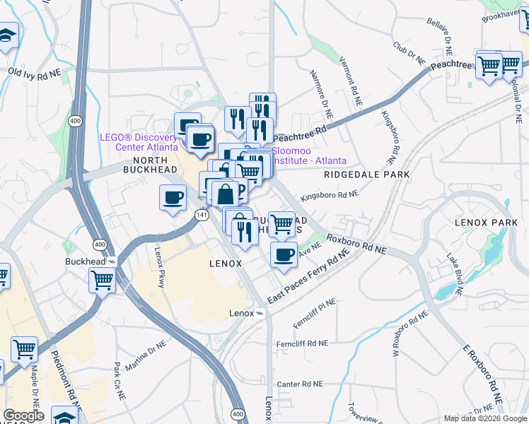 map of restaurants, bars, coffee shops, grocery stores, and more near 3460 Kingsboro Road Northeast in Atlanta