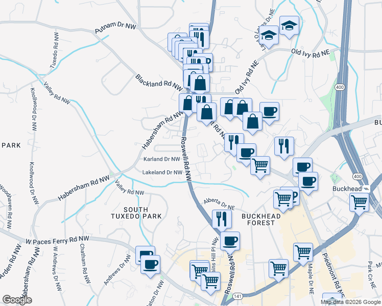 map of restaurants, bars, coffee shops, grocery stores, and more near 3491 U.S. 19 in Atlanta