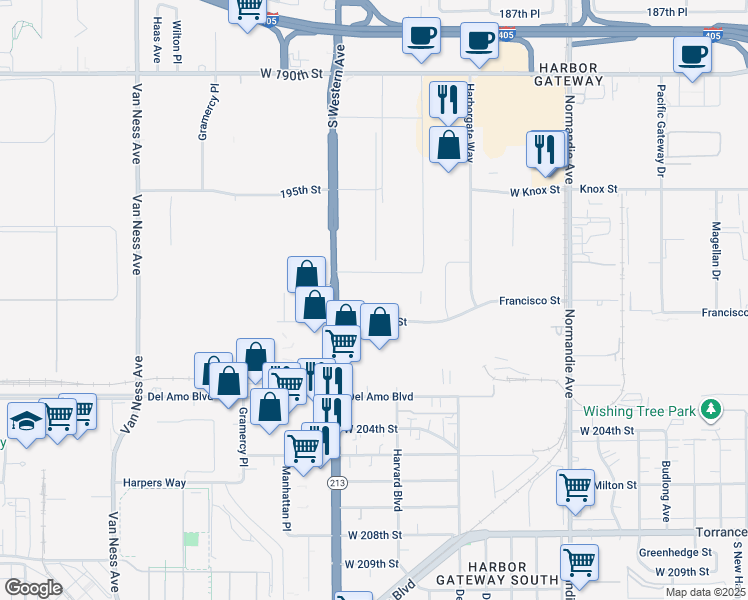 map of restaurants, bars, coffee shops, grocery stores, and more near 20000 South Western Avenue in Torrance