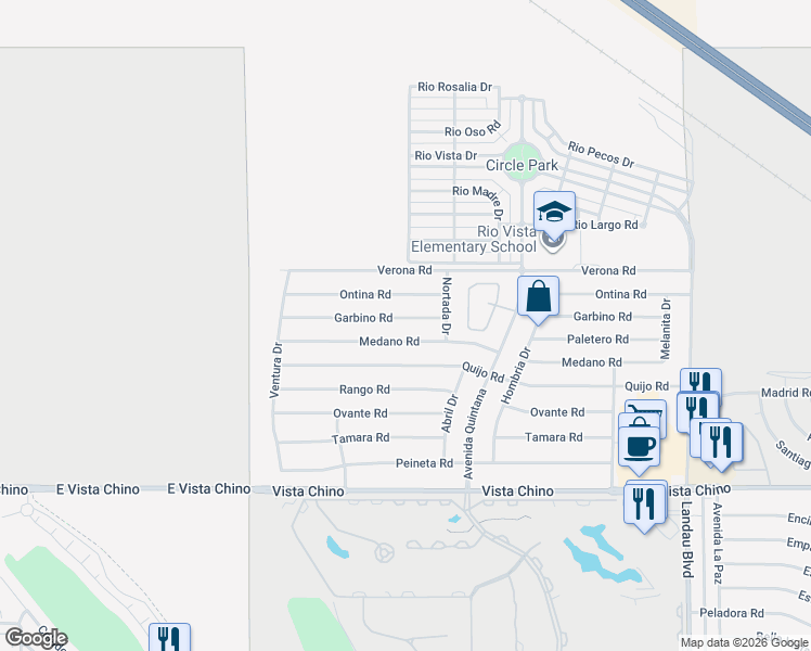 map of restaurants, bars, coffee shops, grocery stores, and more near 67355 Garbino Road in Cathedral City