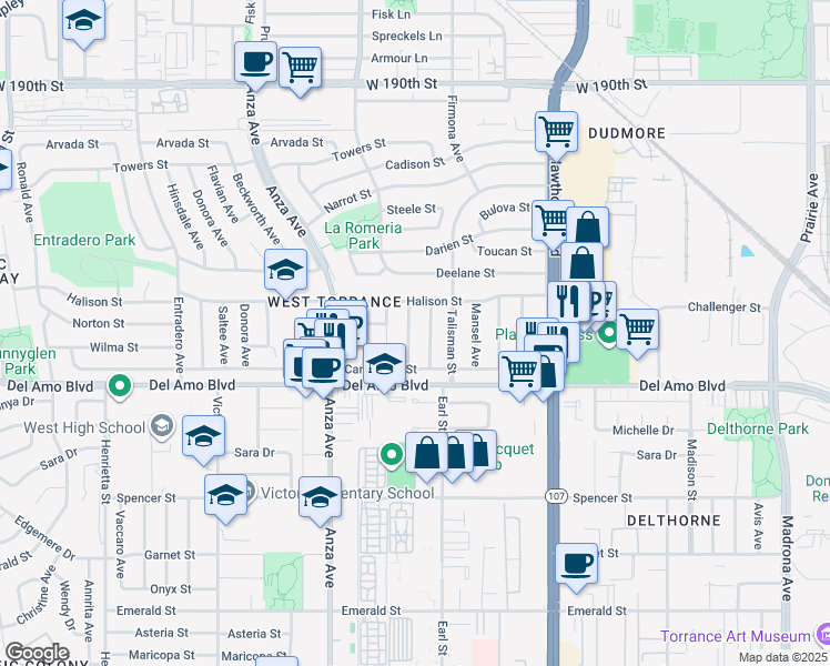 map of restaurants, bars, coffee shops, grocery stores, and more near 20010 Ingrum Way in Torrance