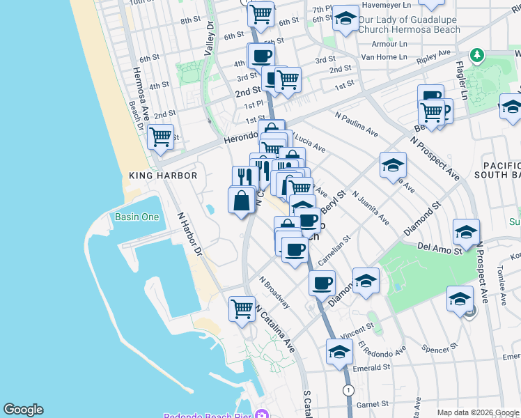 map of restaurants, bars, coffee shops, grocery stores, and more near 906 North Catalina Avenue in Redondo Beach