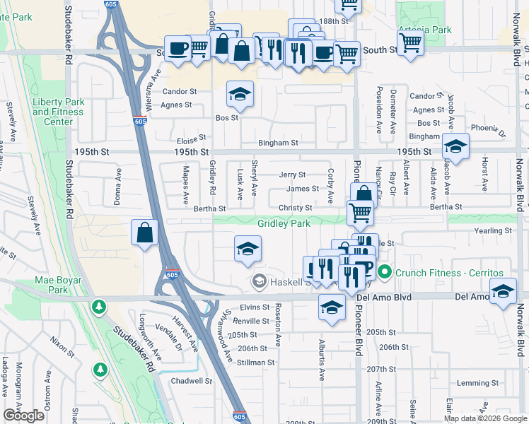 map of restaurants, bars, coffee shops, grocery stores, and more near 19741 Sally Avenue in Cerritos