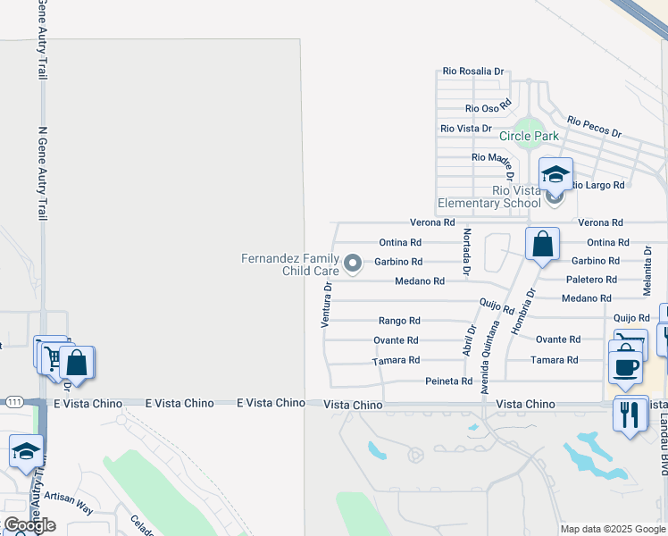 map of restaurants, bars, coffee shops, grocery stores, and more near 67115 Garbino Road in Cathedral City