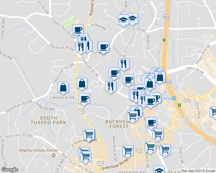 map of restaurants, bars, coffee shops, grocery stores, and more near 3525 Piedmont Road Northeast in Atlanta