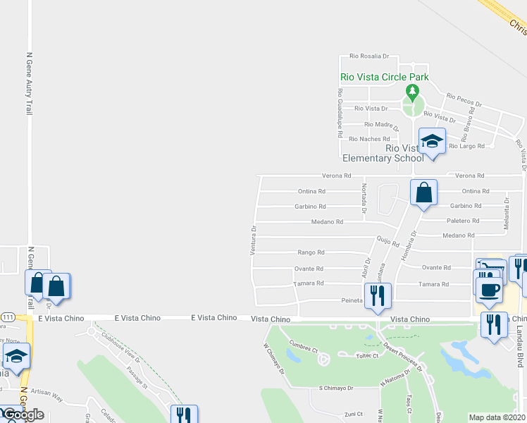 map of restaurants, bars, coffee shops, grocery stores, and more near 67115 Garbino Road in Cathedral City