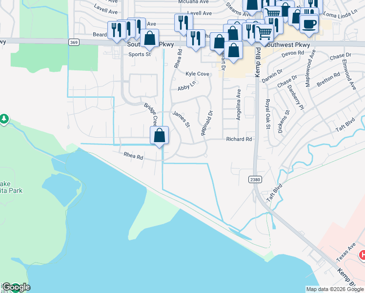 map of restaurants, bars, coffee shops, grocery stores, and more near 2914 Richard Road in Wichita Falls