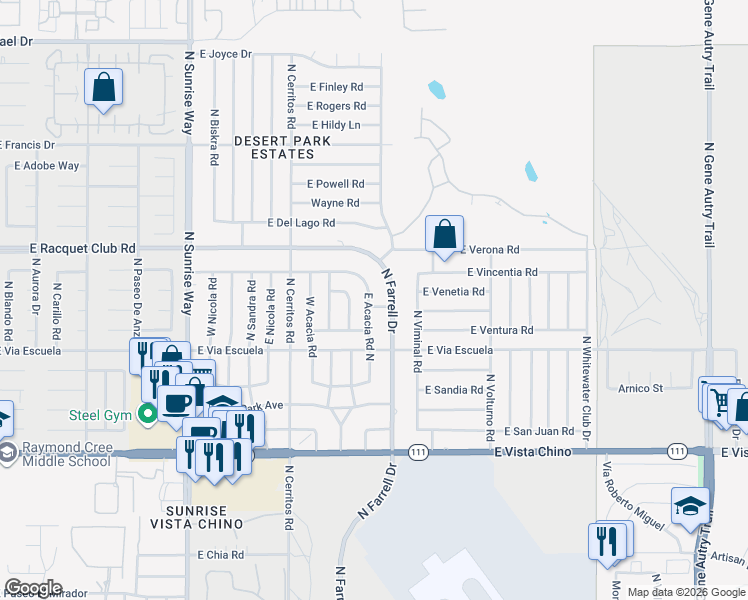 map of restaurants, bars, coffee shops, grocery stores, and more near 2318 East Acacia Road North in Palm Springs