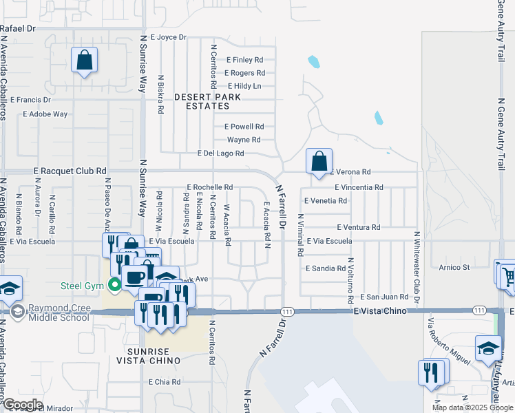 map of restaurants, bars, coffee shops, grocery stores, and more near 2303 East Victoria Road in Palm Springs