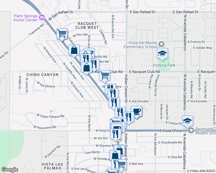 map of restaurants, bars, coffee shops, grocery stores, and more near 272 West Vía Olivera in Palm Springs