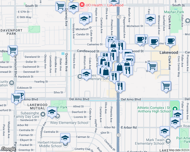 map of restaurants, bars, coffee shops, grocery stores, and more near 5104 Hayter Avenue in Lakewood
