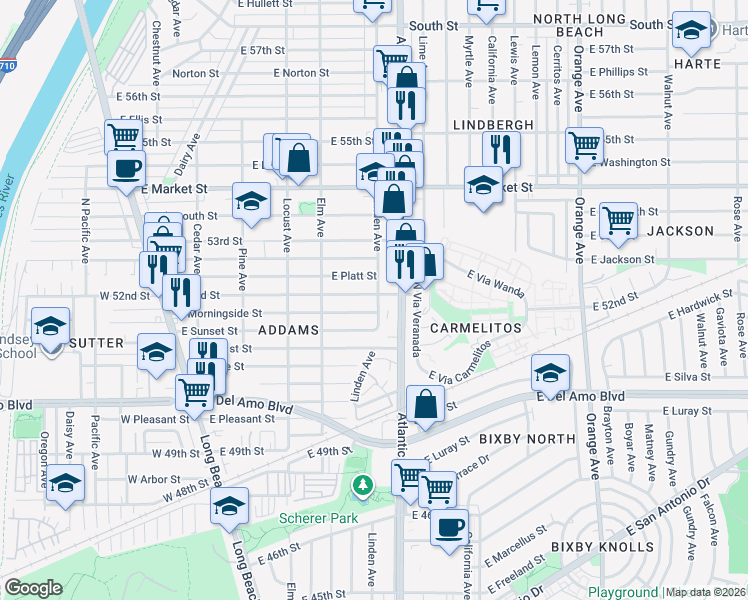 map of restaurants, bars, coffee shops, grocery stores, and more near 480 East 52nd Street in Long Beach
