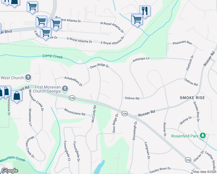 map of restaurants, bars, coffee shops, grocery stores, and more near 5115 Highgate Court in Stone Mountain