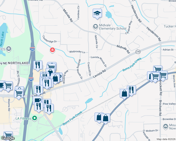 map of restaurants, bars, coffee shops, grocery stores, and more near 2235 Whitfield Cove in Tucker
