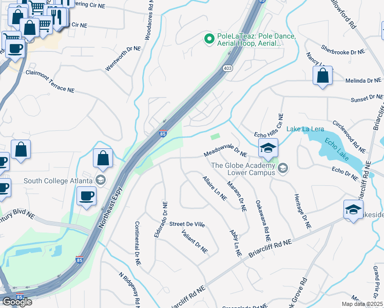 map of restaurants, bars, coffee shops, grocery stores, and more near 2220 Meadowvale Drive Northeast in Atlanta