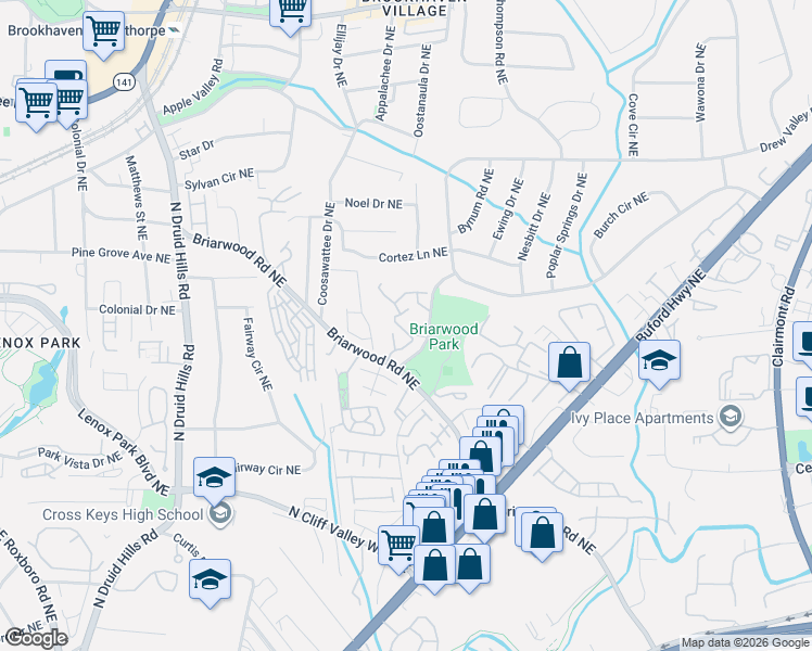 map of restaurants, bars, coffee shops, grocery stores, and more near 1470 Briarwood Road Northeast in Brookhaven