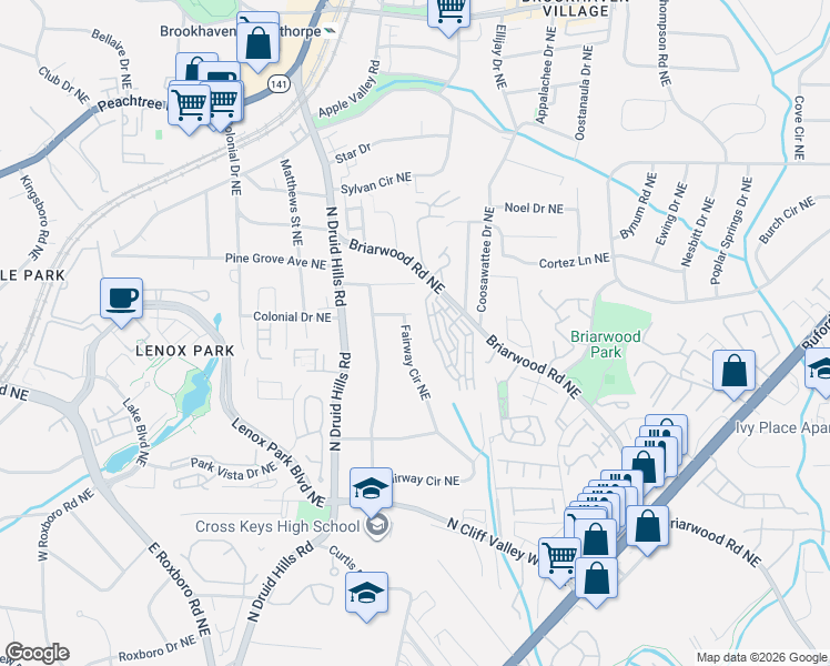 map of restaurants, bars, coffee shops, grocery stores, and more near 1866 Fairway Circle Northeast in Atlanta