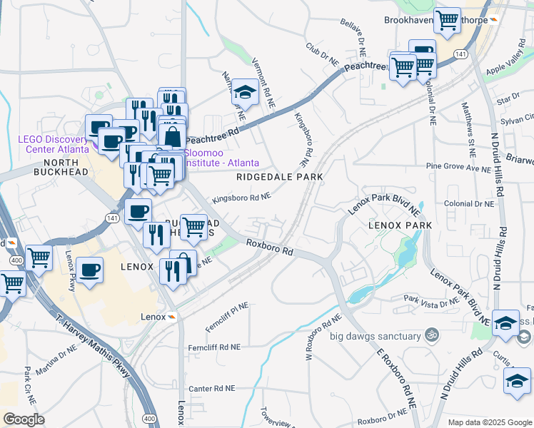 map of restaurants, bars, coffee shops, grocery stores, and more near 1059 East Paces Court in Atlanta