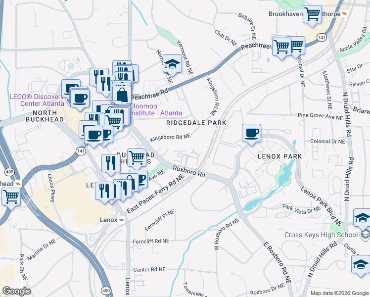 map of restaurants, bars, coffee shops, grocery stores, and more near 1047 East Paces Court in Atlanta