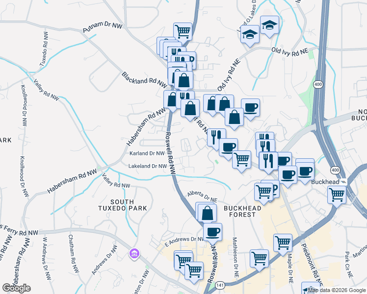 map of restaurants, bars, coffee shops, grocery stores, and more near 3437 Landen Pine Court NorthEast in Atlanta