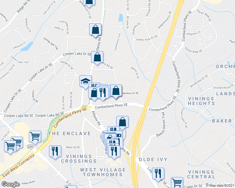 map of restaurants, bars, coffee shops, grocery stores, and more near 2295 Falmouth Court Southeast in Smyrna