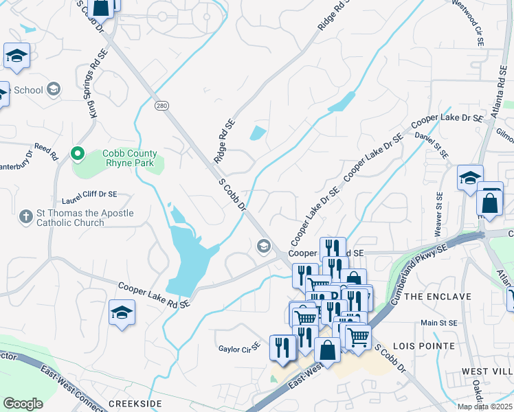 map of restaurants, bars, coffee shops, grocery stores, and more near 4223 Millside Walk Southeast in Smyrna
