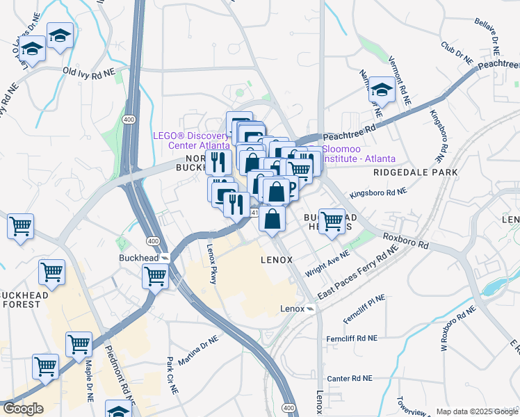 map of restaurants, bars, coffee shops, grocery stores, and more near 3455 Peachtree Road Northeast in Atlanta