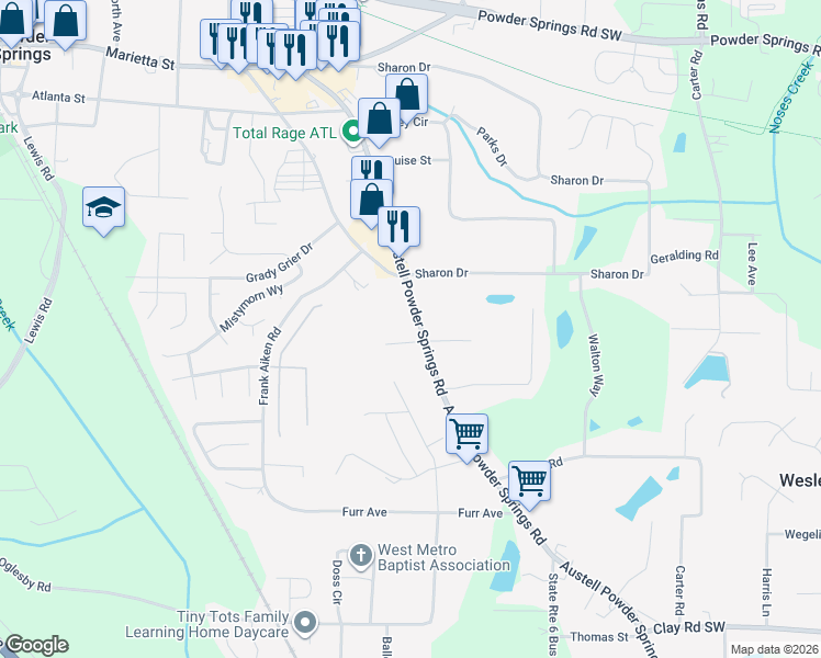map of restaurants, bars, coffee shops, grocery stores, and more near 4294 Austell Powder Springs Road Southwest in Powder Springs